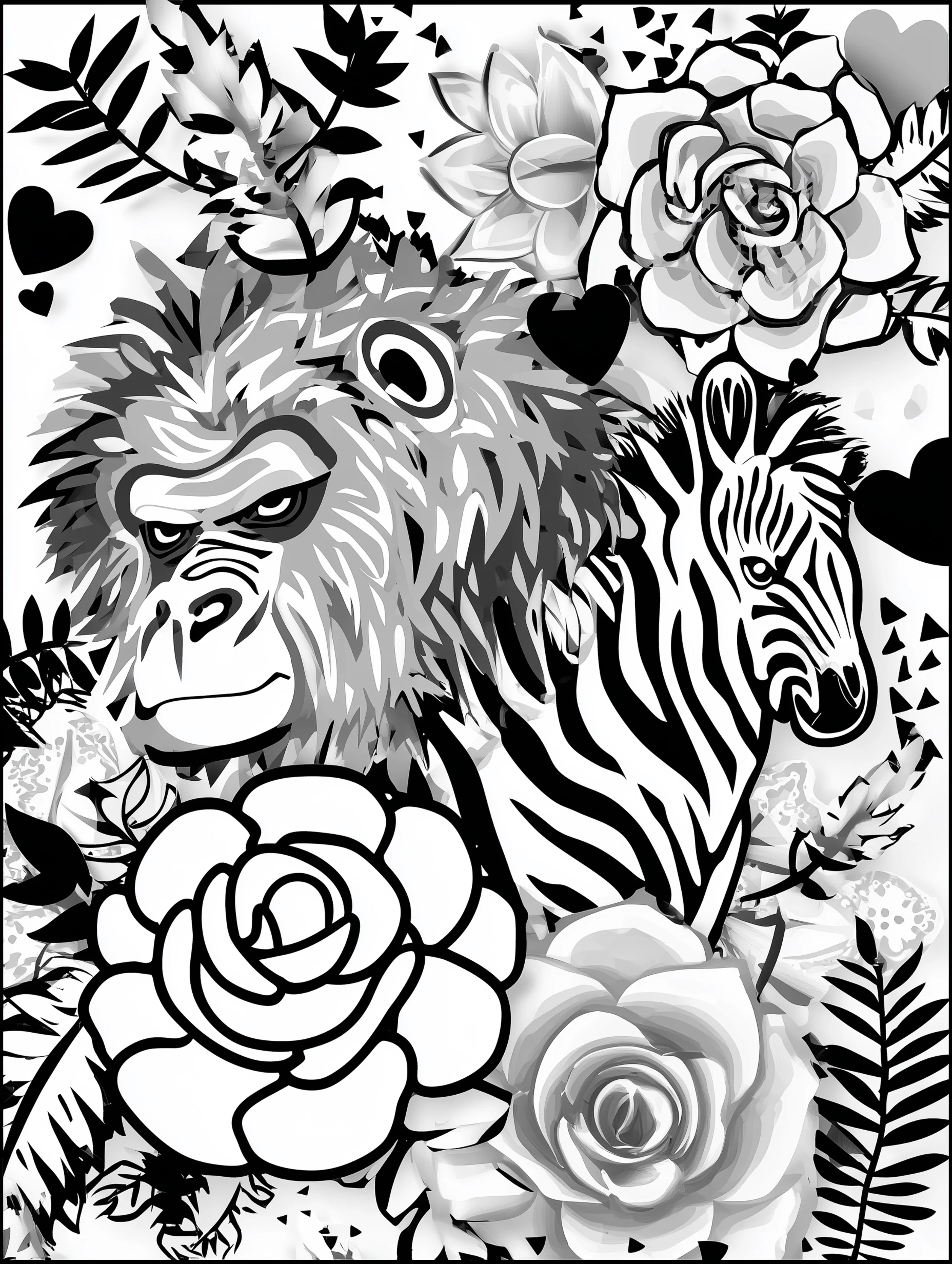 Free printable zoo coloring sheet featuring an ape and a zebra together